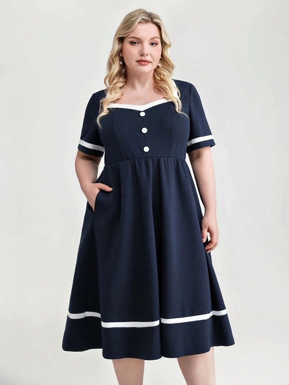 Color Contrast Waist-Tie Bow Midi Dress